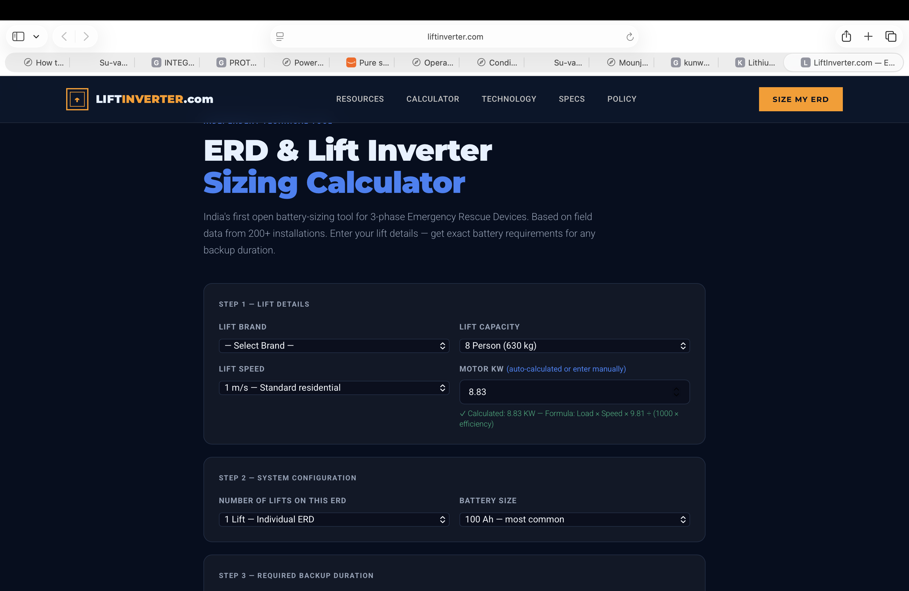 The LiftInverter.com ERD / Lift Inverter Sizing Calculator showing Step 1 lift details (brand, capacity, speed, auto-calculated motor KW) and Step 2 system configuration (lifts per ERD, battery size).