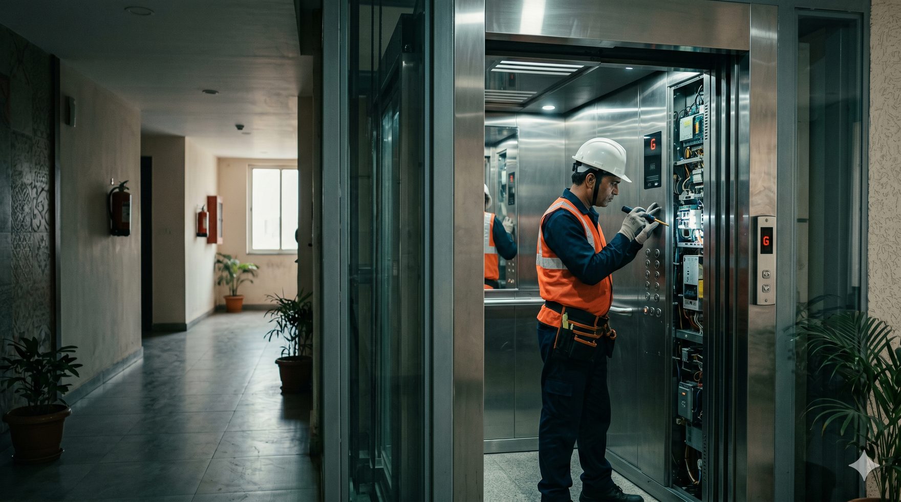 A technician inspecting a lift in an Indian building — uninterrupted power keeps the cabin moving through a power cut